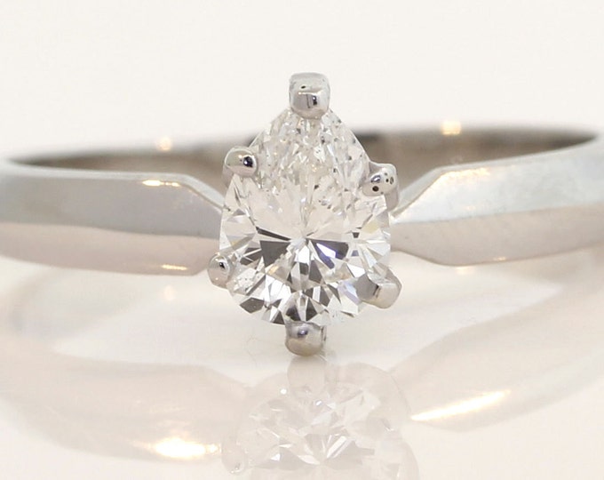Estate Diamond Ring Vintage Solid Platinum Natural Diamond Engagement Solitaire Nearly 1 Carat Pear Cut Size 6.5 Holiday Gift