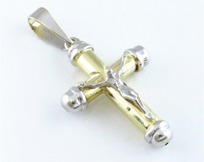 Estate 14K Yellow & White Gold Cross Crucifix Jesus Christian Pendant 3.45 Grams 40 Millimeters Long by 22 Millimeters Wide Made in Turkey