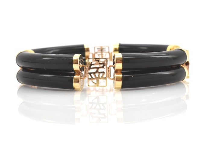 Vintage 14K Gold Onyx Bracelet with Chinese Good Luck Characters