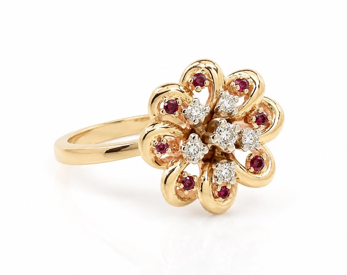 Vintage Italian Ruby Diamond Floral Cluster Ring in 14K Gold, Size 5.75