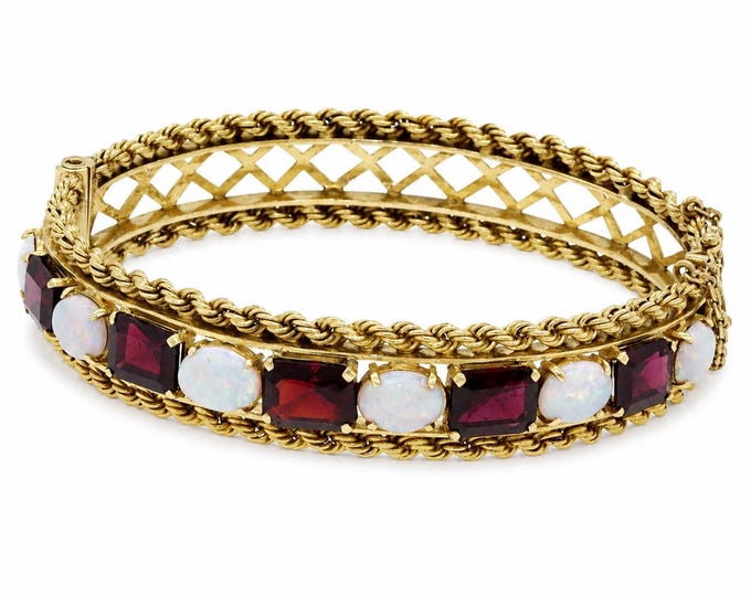 Vintage 14K Gold Gemstone Bangle, Garnets and Opals, 7.18 Inches