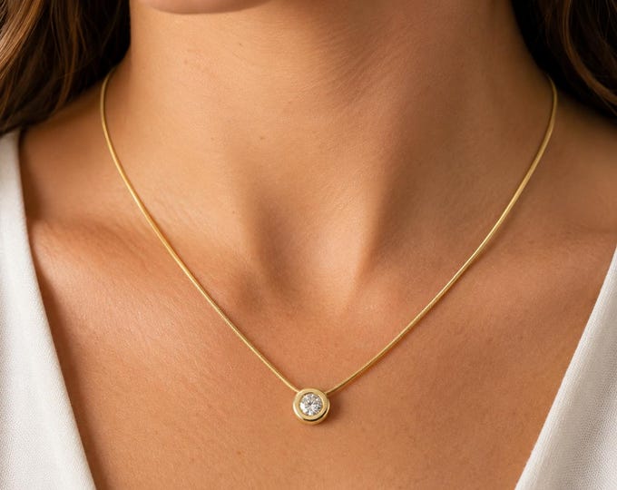 14K Gold Bezel Set 0.84 Carat Diamond Necklace Italian Snake Chain Minimalist Solitaire, 18"