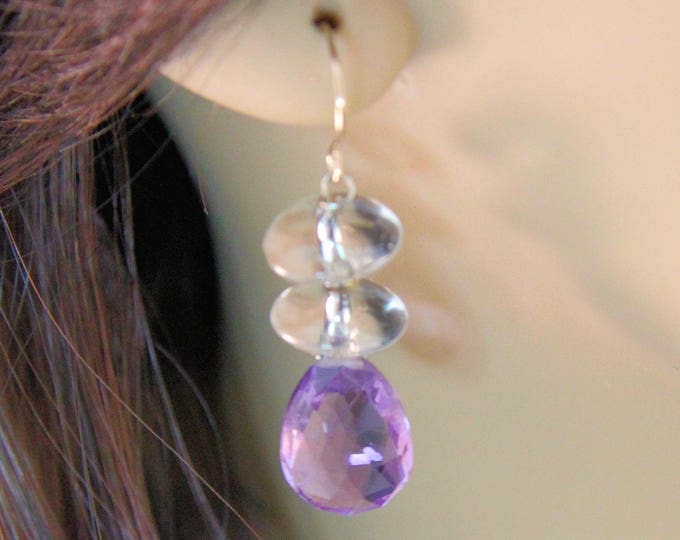 Estate 14K Yellow Gold Amethyst White Topaz Drop Dangle Earrings 28 Carats Total Weight CTW 5.9 Grams February Birthstone Holiday Gift