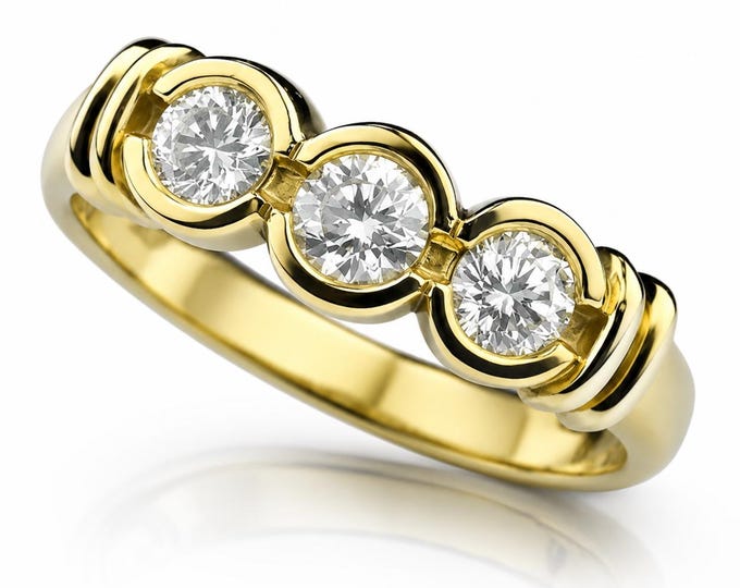 Vintage Diamond Ring, 18K Yellow Gold, Three Stone .83 Carat, Size 6