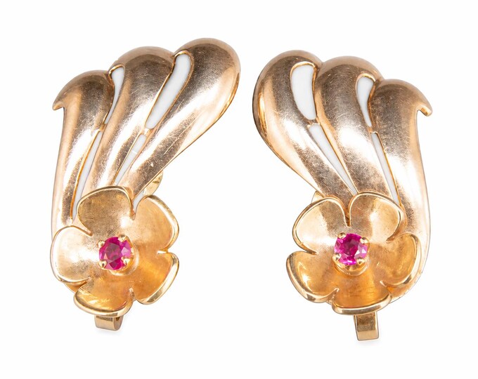 Estate 14K Yellow Gold Ruby Floral Clip Earrings, 9.31 Grams