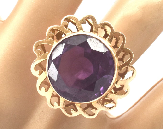 Estate Purple Sapphire Ring Vintage 14K Solid Yellow Gold Created Purple Sapphire Ring 15.63 Carats Size 8 Holiday Gift