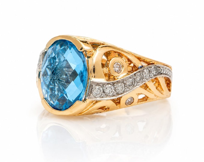Estate Year 2000 Blue Topaz Diamond 14K Gold Ring, Size 7