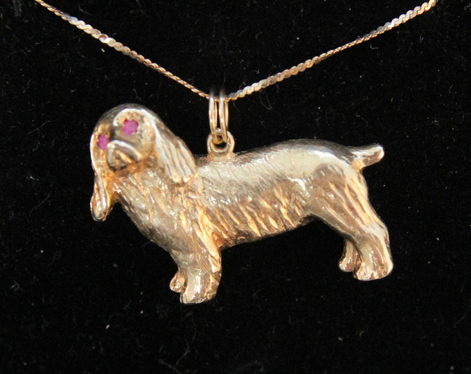 14K Solid Yellow Gold Natural Rubies Pendant Spaniel Dog Charm Ruby Eyes Vintage Estate Nearly 16 Grams July Birthstone Holiday Gift