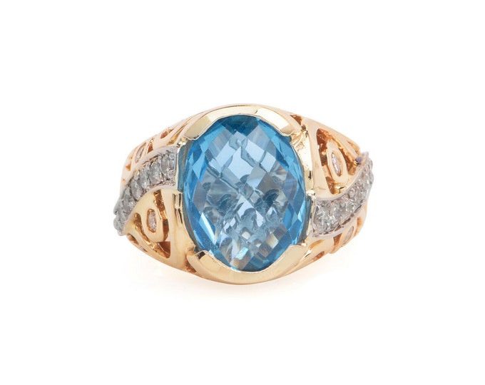 Estate Gemstone Ring Vintage 14K Solid Yellow Gold Natural Diamonds Blue Topaz 6.45 Carats Total Weight Size 7 December Birthstone Y2K Gift