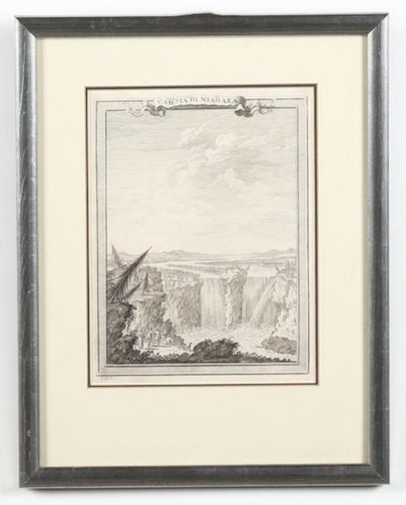May include: A black and white engraving of Niagara Falls, titled "Caduta di Niagara". The engraving shows the falls from a distance, with a view of the surrounding landscape.