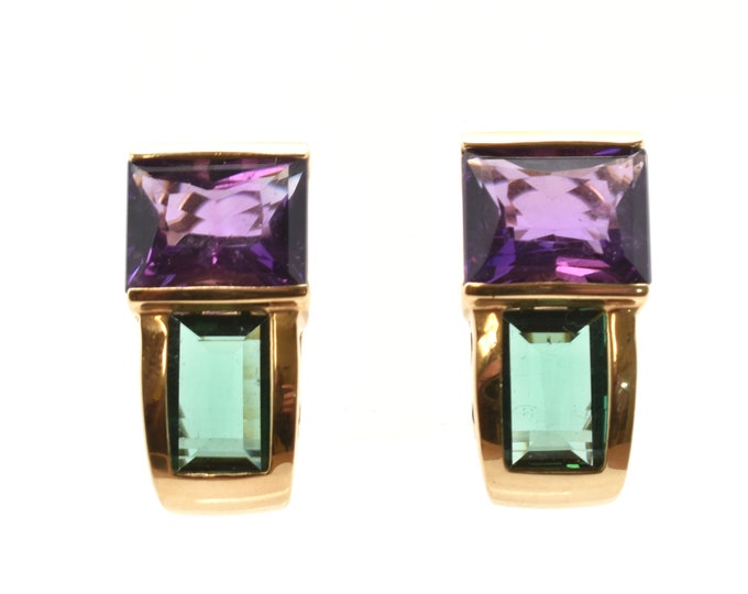 Estate Gemstone Earrings Vintage 14K Yellow Gold Natural Amethysts Green Quartz 10.2 Carats Total Weight Holiday Gift