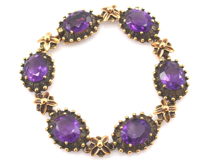 Vintage 14K Gold Amethyst Bracelet, February Birthstone Floral Link