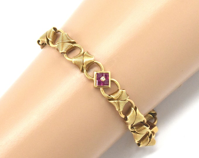 Estate Gemstone Bracelet Vintage 14K Solid Yellow Gold Natural Rubies Diamonds Over 2 Carats Total Weight 8 Inches Long July Birthstone