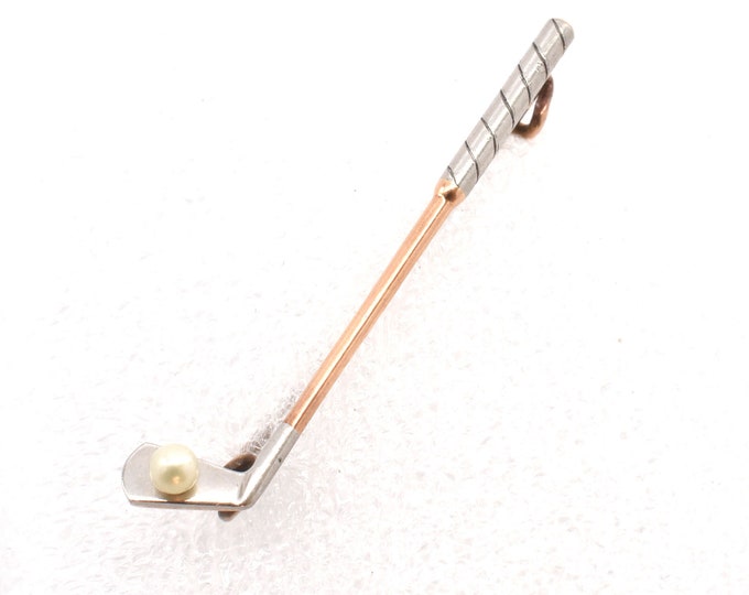 14K Solid Yellow White Gold Natural Pearl Brooch Golf Club Golf Ball Estate Pin Holiday Gift