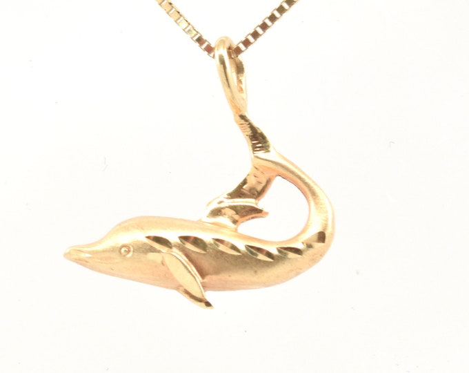Estate Gold Pendant Vintage 14K Solid Yellow Gold Diamond Cut Dolphin Charm 2 Grams Holiday Gift
