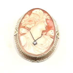 Estate Cameo Brooch Antique 14K Solid Yellow Gold Natural Diamond Carved Cornelian Shell Pin Holiday Gift