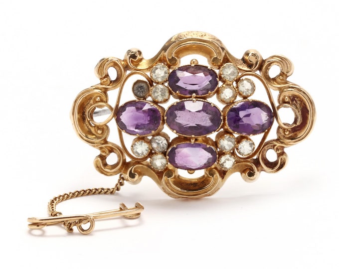 Estate Gemstone Brooch Antique 18K Solid Yellow Gold Natural Amethysts Pin February Birthstone Holiday Gift