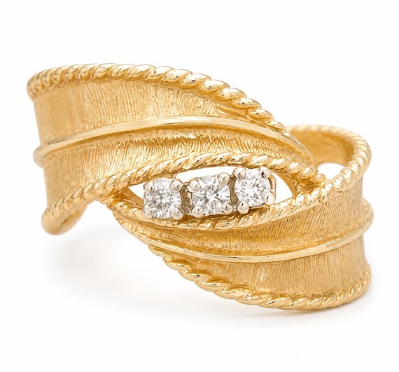 Estate 14K Yellow Gold Diamond Ribbon Ring, Size 3.5