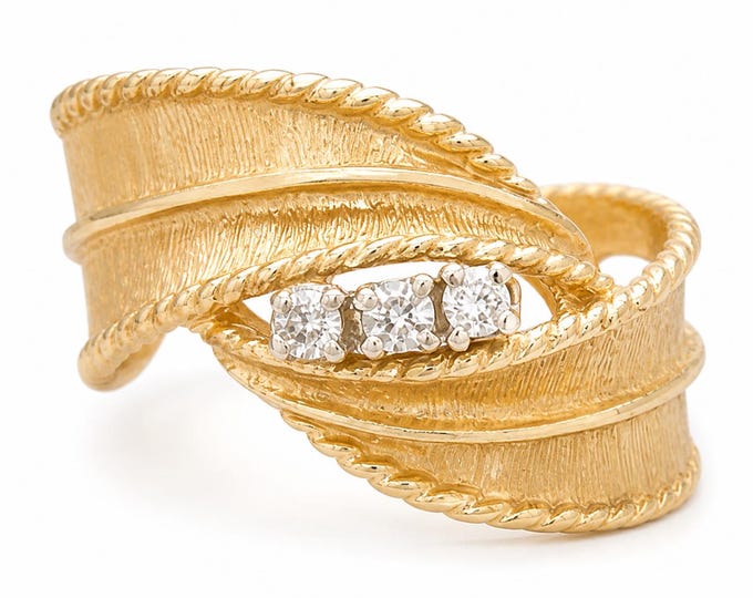 Estate 14K Yellow Gold Diamond Ribbon Ring, Size 3.5
