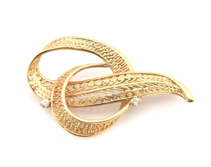 Estate Filigree Pin Vintage 14K Solid Yellow Gold Natural Diamonds Brooch .14 Carats Total Weight April Birthstone Holiday Gift