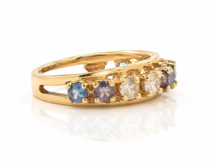 10K Gold Amethyst Tanzanite White Quartz Split Shank Estate Ring Size 8.75
