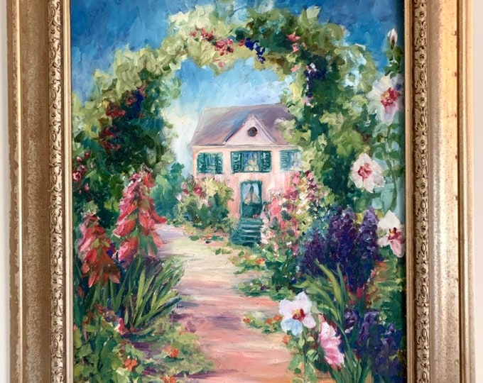 Vintage Oil on Canvas Country House by North Carolina Artist Rachel D'Alonzo Wood Frame Holiday Gift