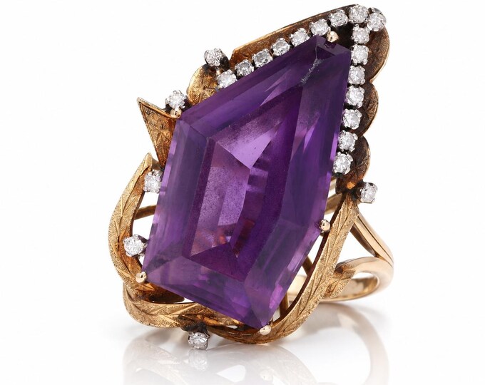 Estate Amethyst Ring, 14K Yellow Gold & Diamond, Size 6.5