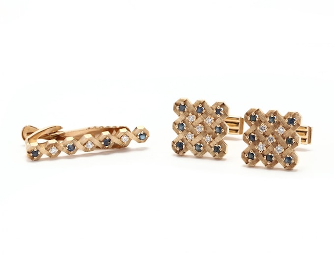Estate Cufflinks & Tie Bar Vintage 14K Solid Yellow Gold Natural Diamonds Sapphires Cuff Links Tie Tac Father's Day