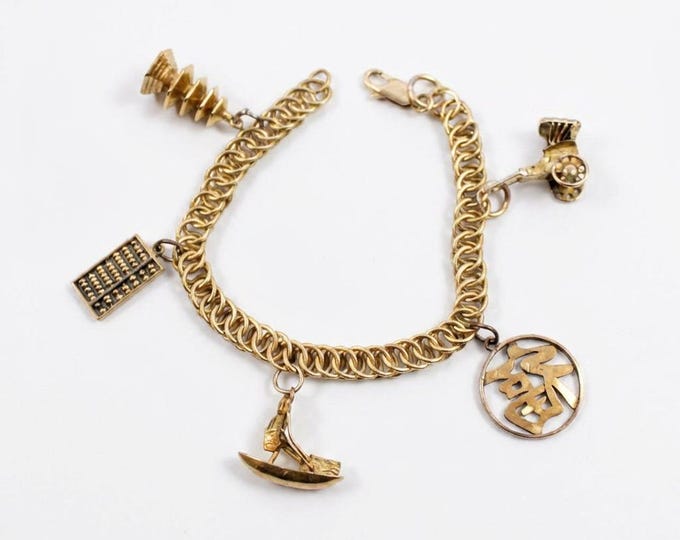 Estate 14K Yellow Gold Chinese Charm Bracelet, Pagoda, Abacus, Junk