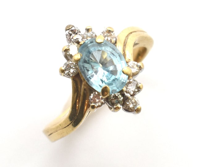 Estate Blue Topaz Diamond Ring Vintage 14K Solid Yellow Gold Natural Diamonds 1.38 Carats Total Weight December Birthstone Holiday Gift