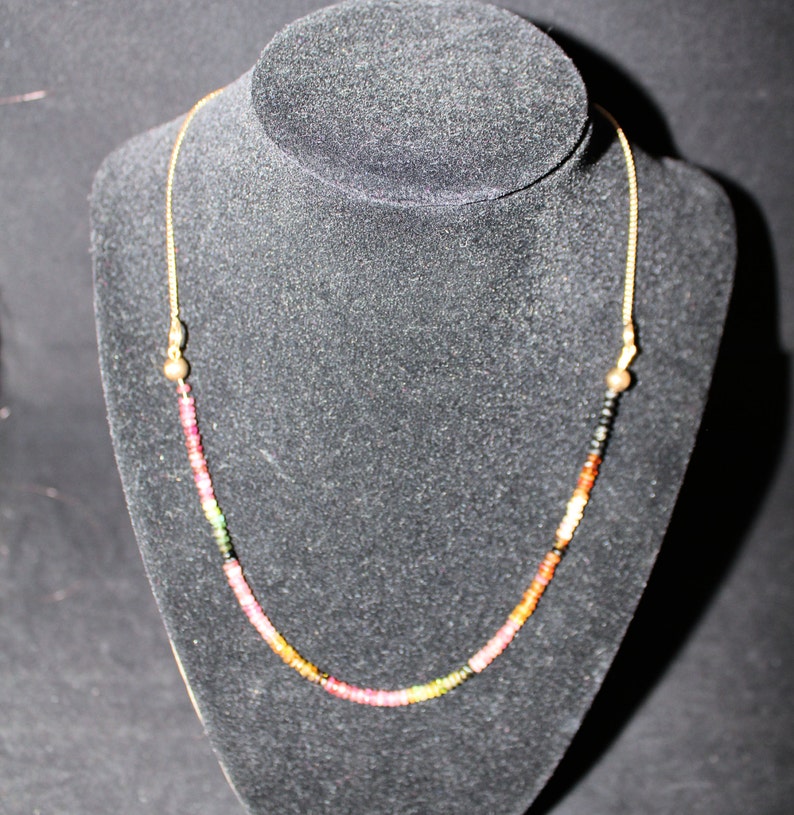 14K Solid Yellow Gold Multi-Colored Natural Tourmaline Necklace Vintage Over 18 Inches Long Nearly 6 Grams October Birthstone Wedding