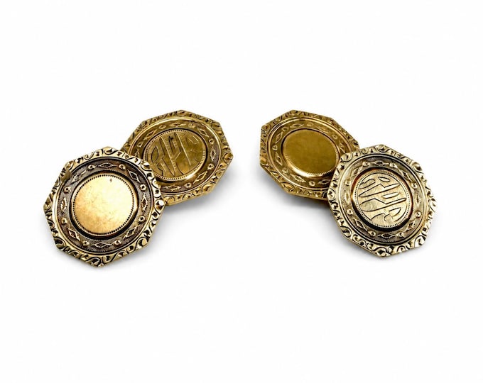 Antique Art Deco 14K Gold Reversible Octagonal Monogram Cuff Links