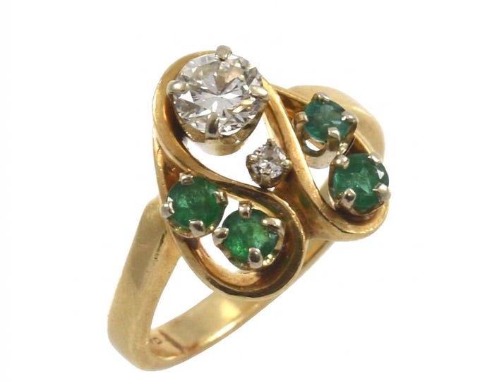 Vintage 14K Gold Emerald & Diamond Ring, Size 5.5