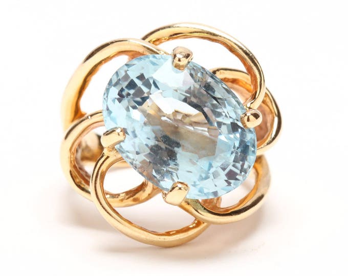 Estate 14K Yellow Gold 7.55 Carat Oval Cut Blue Topaz 10.63 Grams Size 4.25 December Birthstone Holiday Gift