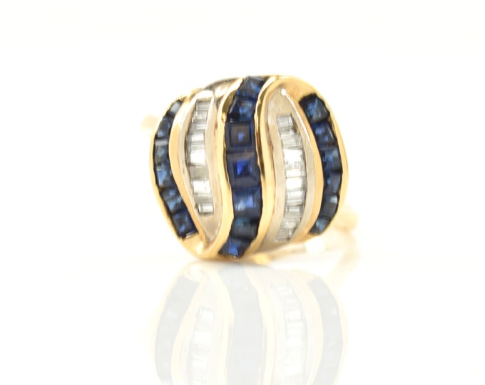 Estate 18K Gold Sapphire Diamond Ring, Size 7.5