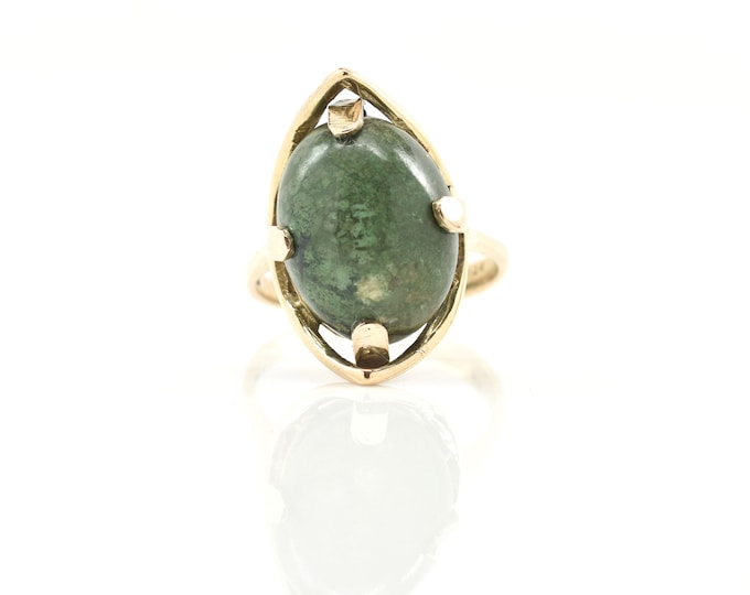 Estate Gold Ring Vintage 14K Solid Yellow Gold Natural Moss Agate Green Oval Cabochon 12 Carats Size 6.75 Holiday Gift