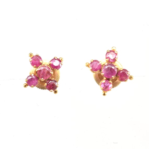 Estate Ruby Studs Vintage 18K Solid Yellow Gold N… - image 1