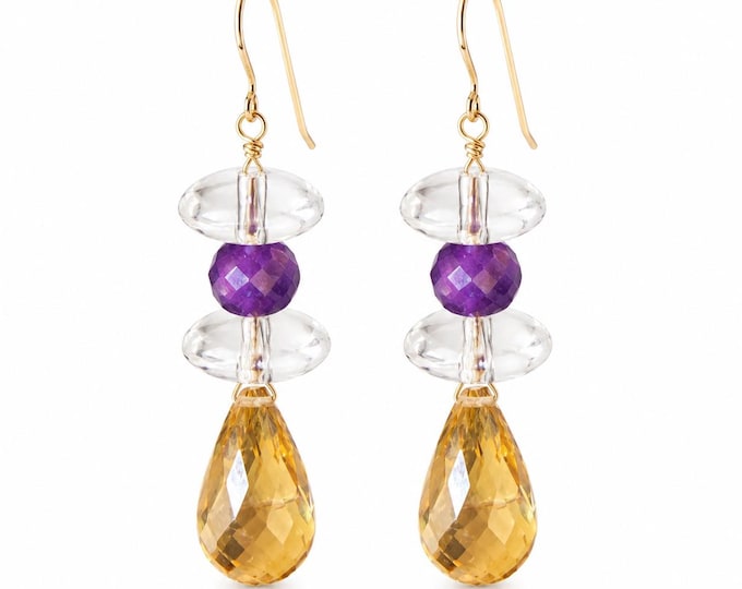 14K Gold Citrine, Amethyst & Topaz Dangle Earrings