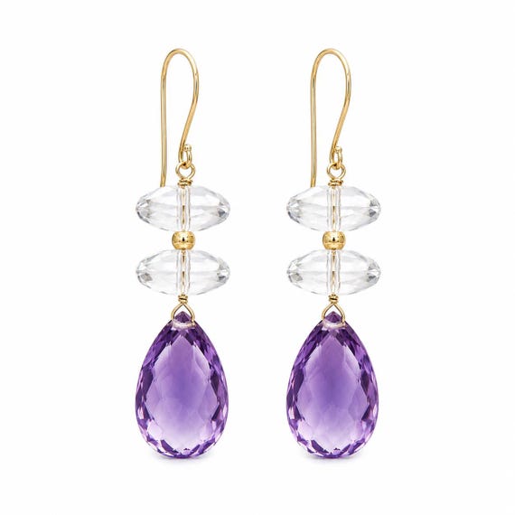 14K Gold Amethyst Quartz Dangle Earrings Boho Artisan Estate Jewelry