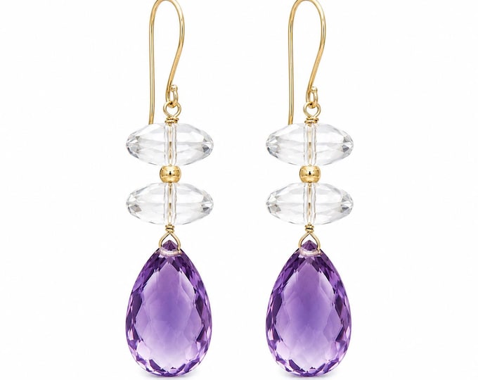 14K Gold Amethyst Quartz Dangle Earrings Boho Artisan Estate Jewelry