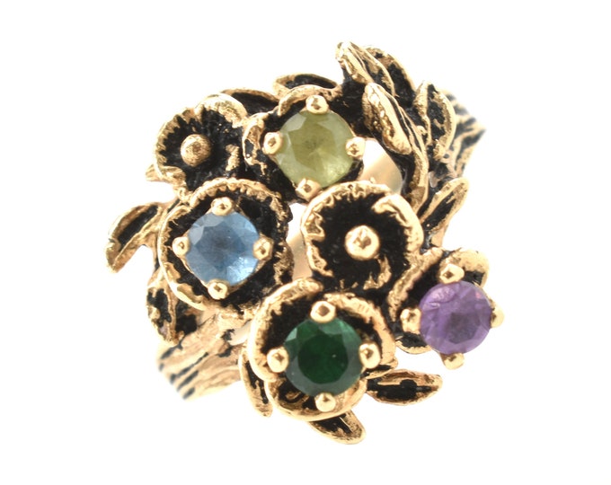 Estate Gemstone Ring 14K Solid Yellow Gold Purple Topaz Aquamarine Emerald Peridot Size 6.5 Holiday Gift