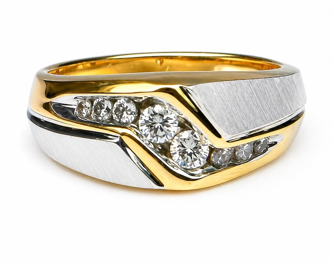 Estate 14K Yellow & White Gold Diamond Ring, Mens Size 10.25