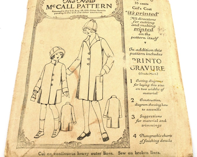 Vintage McCall Pattern 4163 Girl's Coat Size 6 Patented August 16 1921 Uncut Sewing Fashion Holiday Gift
