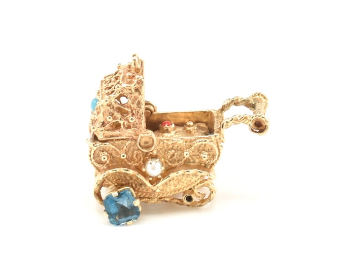 Estate Gemstone Charm Vintage 14K Solid Yellow Gold Baby Carriage Family Birthstone Pendant Holiday Giftfor Mother