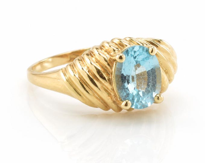 Vintage 14K Gold Blue Topaz Ring Sculptural Ribbed Statement Cocktail Ring