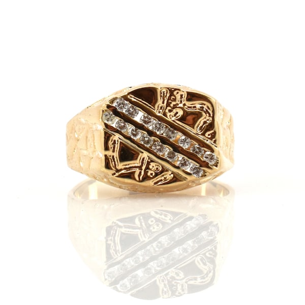 14K Solid Yellow Gold Natural Diamonds Ring .32 Carats Total Weight Vintage Estate Nugget Style Over 7 Grams Size 9.75 Men Man Gift