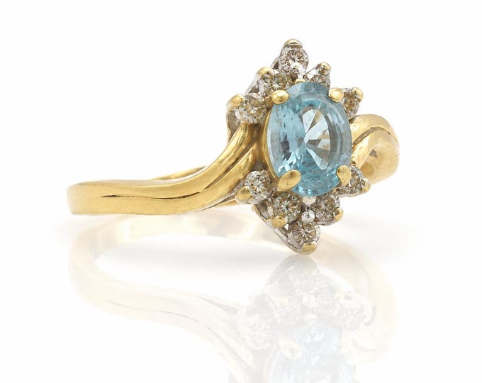 Vintage Blue Topaz Diamond Ring, 14K Yellow Gold, December Birthstone