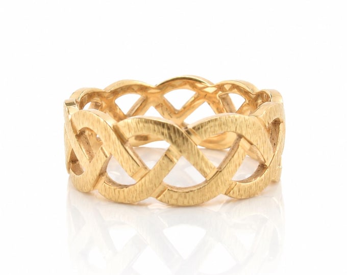 Estate 14K Yellow Gold Celtic Braided Ring, Crossover Openwork Band, Size 5.5, 7.75mm Wide