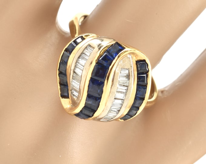 Estate Gemstone Ring Vintage 18K Solid Yellow and White Gold Natural Diamonds Sapphires September Birthstone Size 7.5 Holiday Gift