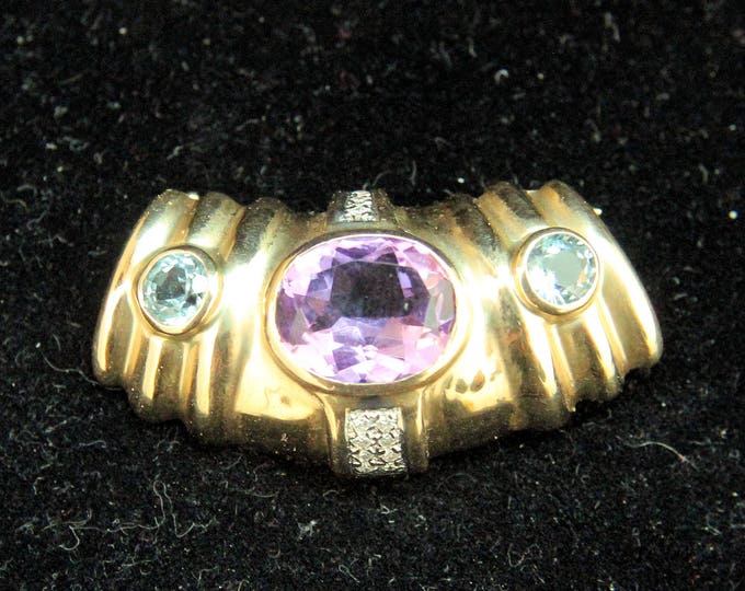 Estate 14K Yellow Gold Multi-Gemstone Brooch Pin 9.7 Grams Amethyst Blue Topaz Diamonds Holiday Gift